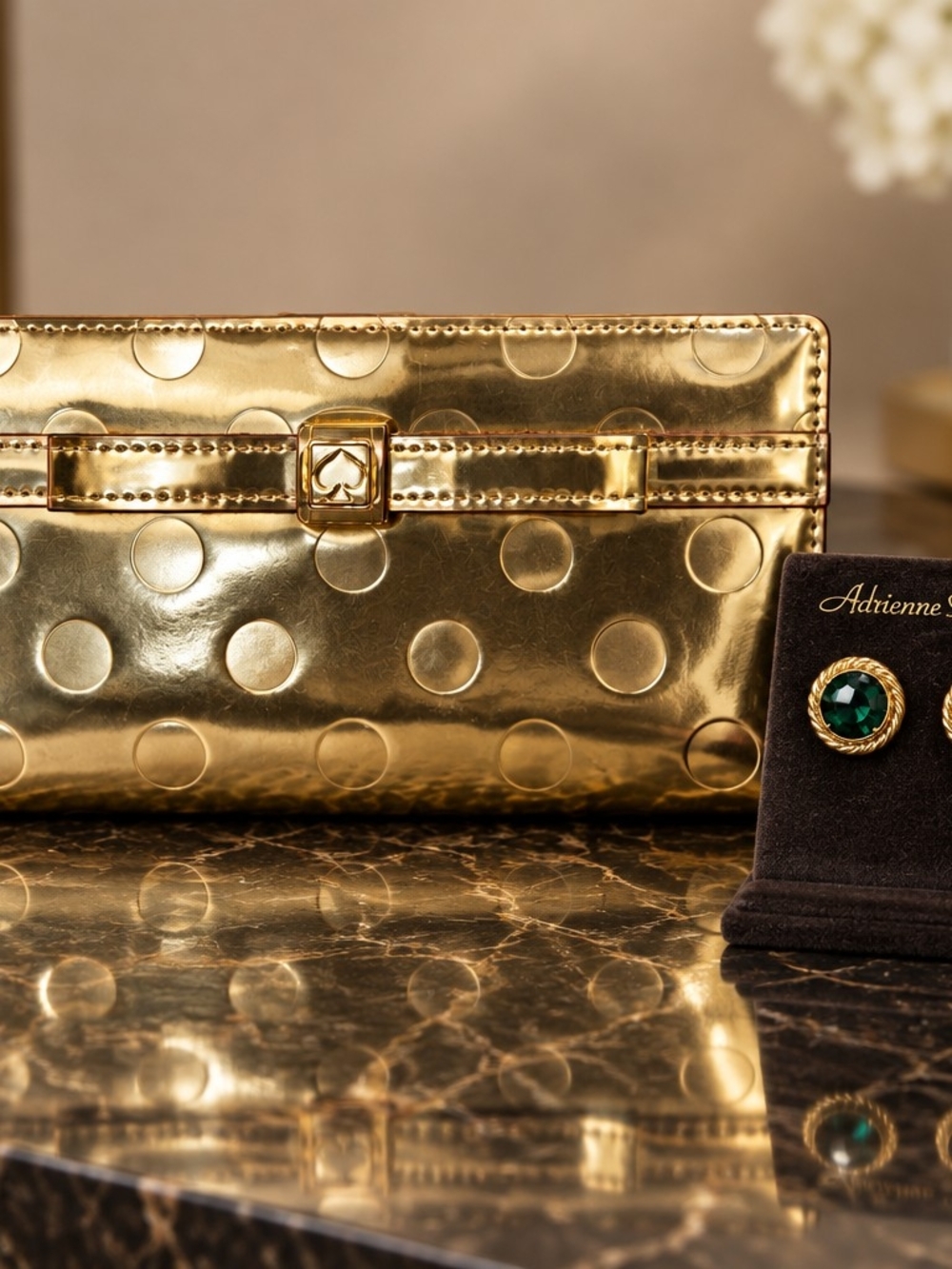 Kate Spade Metallic Gold Polka Dot Wallet & 
ADRIENNE PICARD Gold Tone Earrings